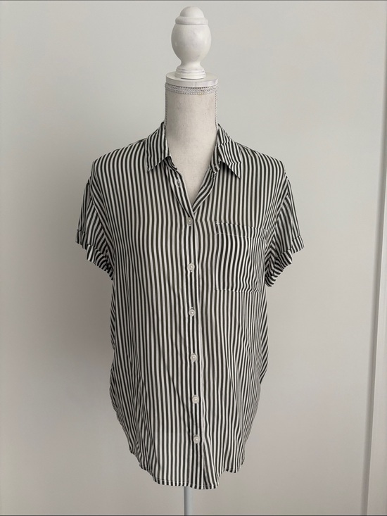 Market & Spruce Tops - Green & White Vertical Stripe Button-Down Blouse